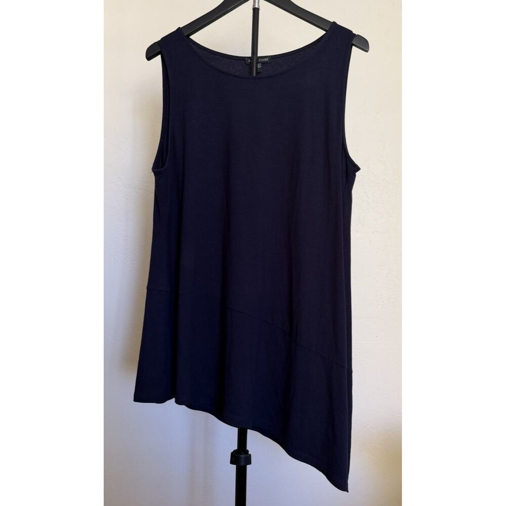 Eileen Fisher Women’s Navy Knit Top Sleeveless Asymmetric Hem Size L Lagenlook